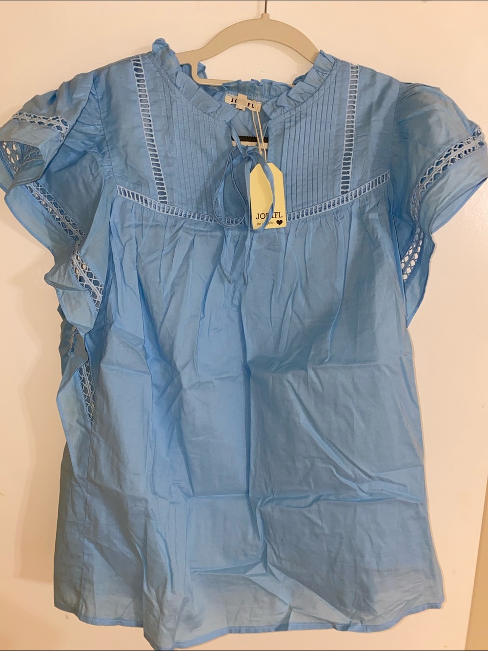 JODFIL Light Blue Cotton Ladder Lace-Trim Flutter Sleeved Peasant Top NWT!